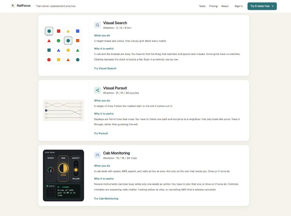 RailFocus test library showing Visual Search, Visual Pursuit, and Cab Monitoring